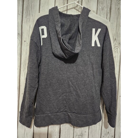 Victoria's Secret PINK Hoodie XS Logo Gray White Stripe Lace Up Neckline Slits - Picture 9 of 9